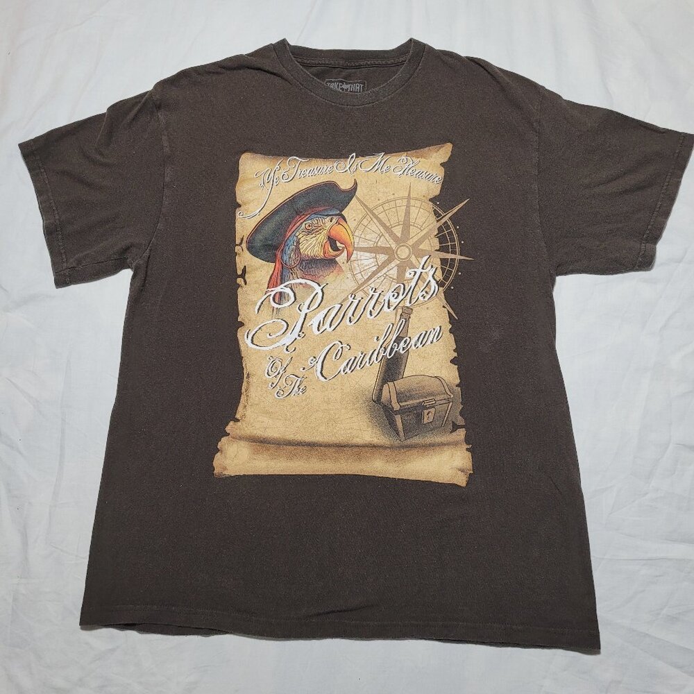 Graphic Cotton T Shirt Parrots of the Caribbean Humorous Pirate's Treasure Large